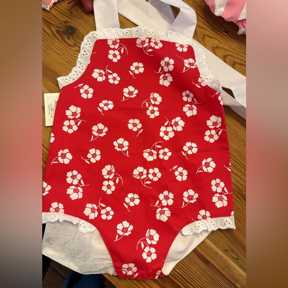 The Beaufort Bonnet Company Red Floral Baby One-Piece Romper with White Eyelet